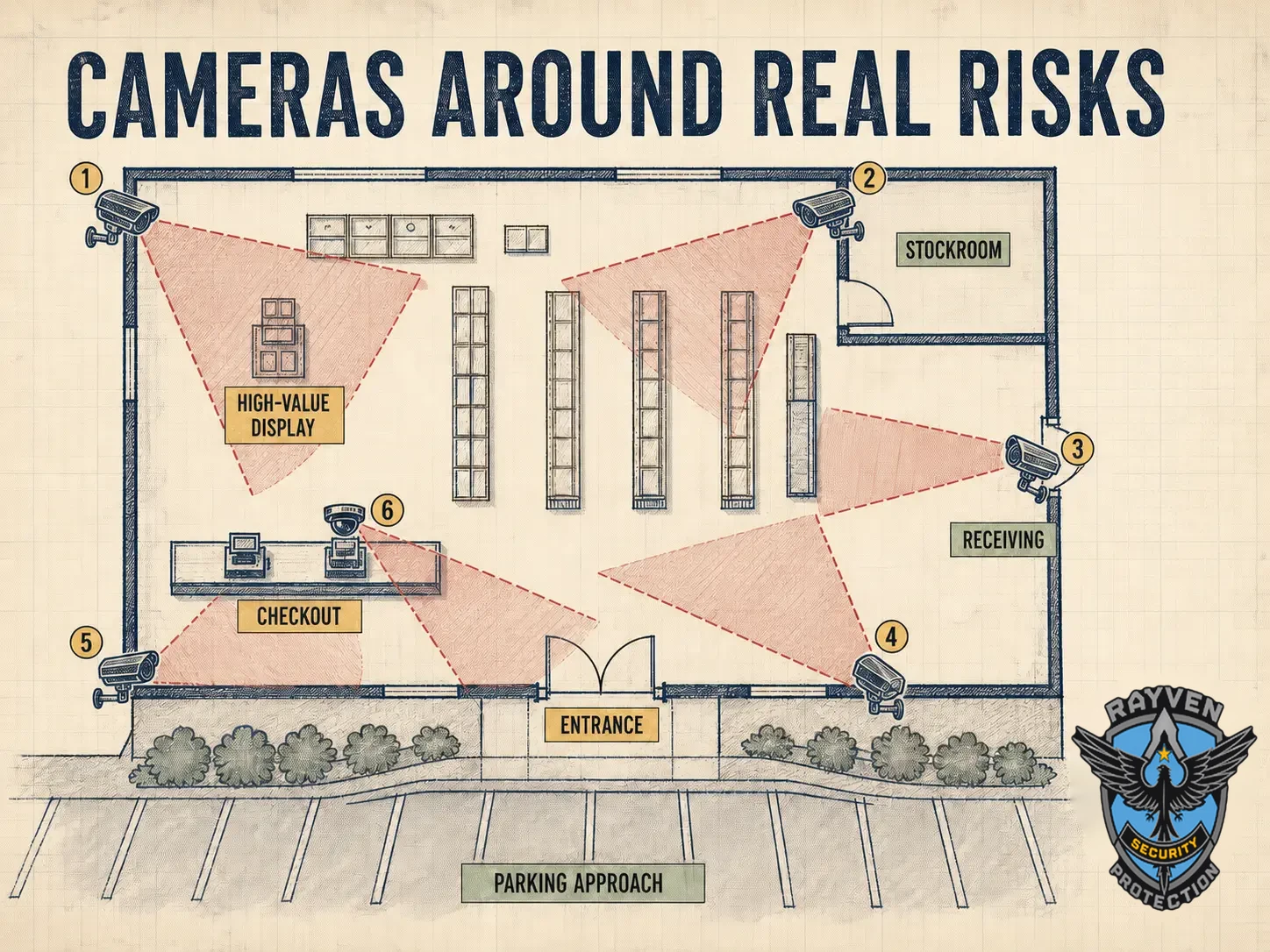 Rayven Security Protection Security Guards infographic showing camera placement at a retail entrance, checkout, stockroom, receiving area, and parking approach