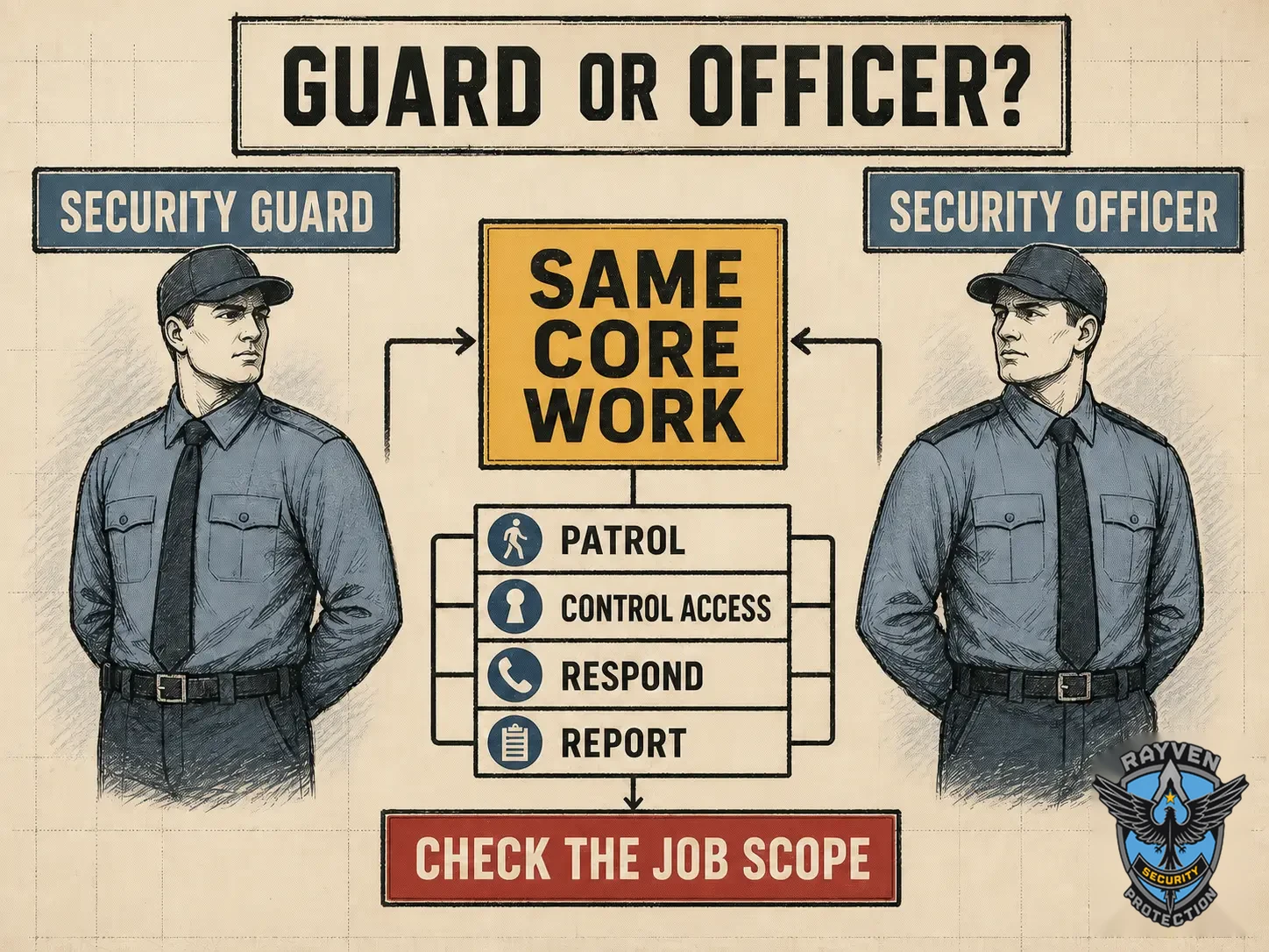 Security guard and security officer infographic showing shared duties such as patrol, access control, response, and reporting.