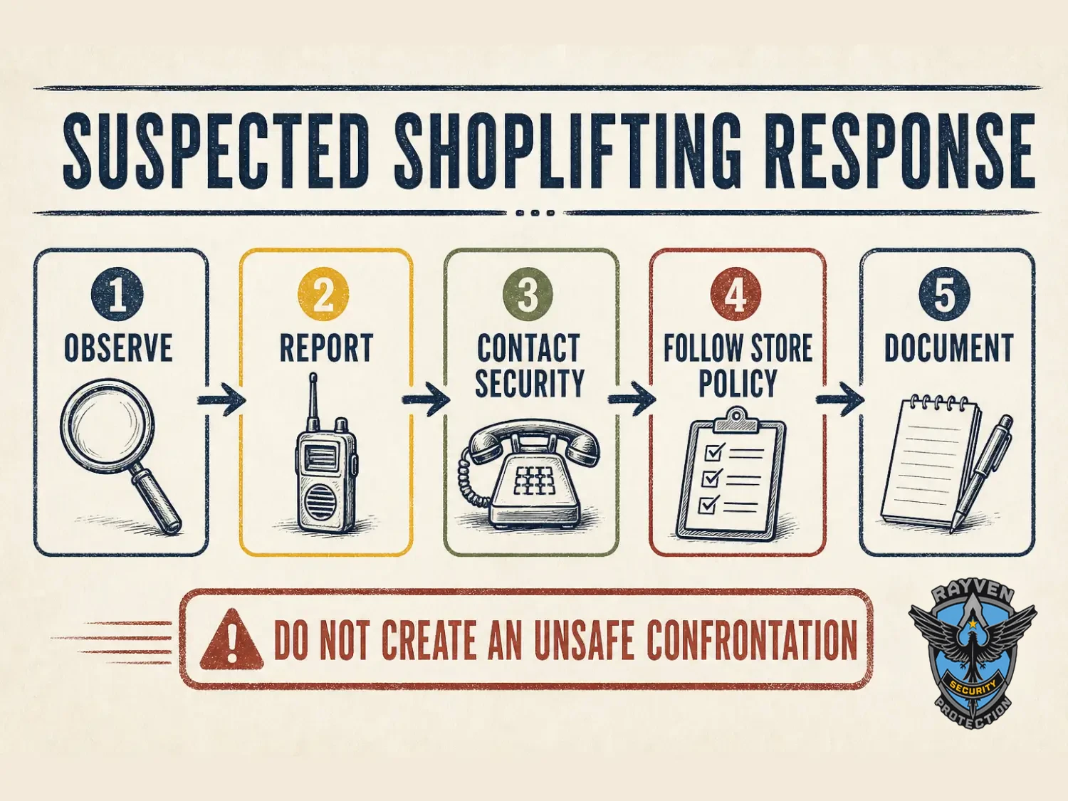 Rayven Security Protection Security Guards infographic showing a safe five-step response to suspected shoplifting